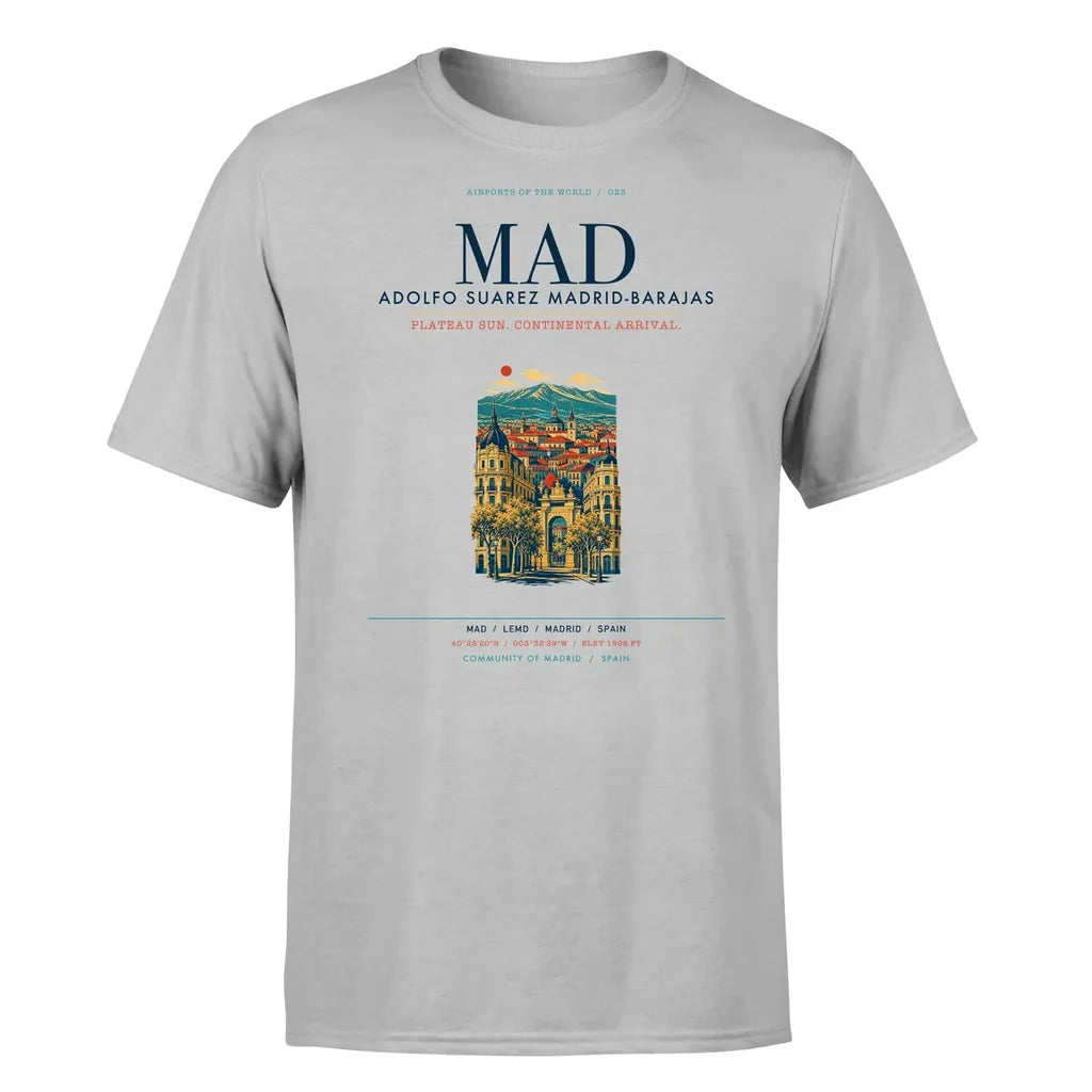 Madrid Airport (MAD) T-Shirt single-side front print in Light Gray | madrid-mad-airport-double-side-t-shirt