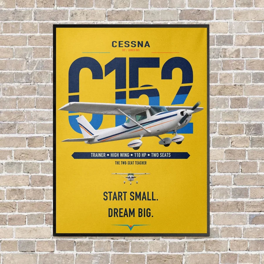 Cessna 152 vertical canvas print - framed - yellow background