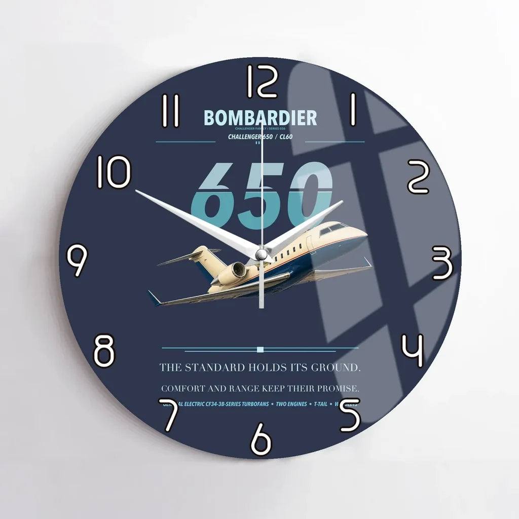 Bombardier Challenger 650 design on navy blue no frame wall clock