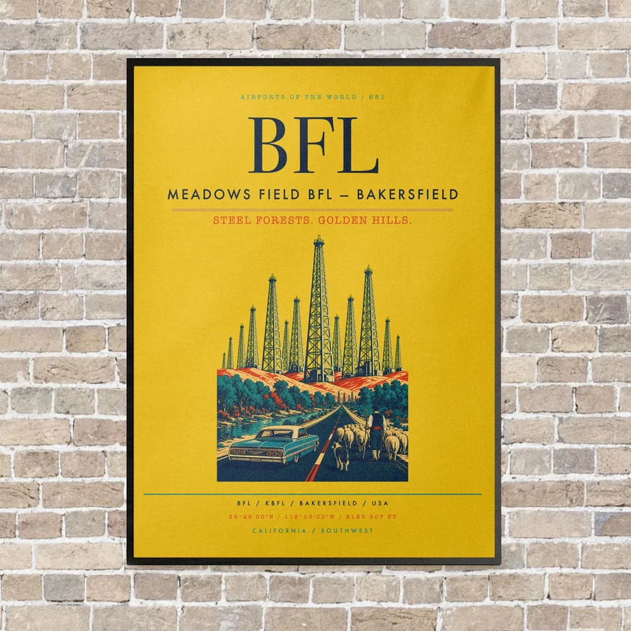 Meadows Field BFL — Bakersfield vertical canvas print - framed - yellow background