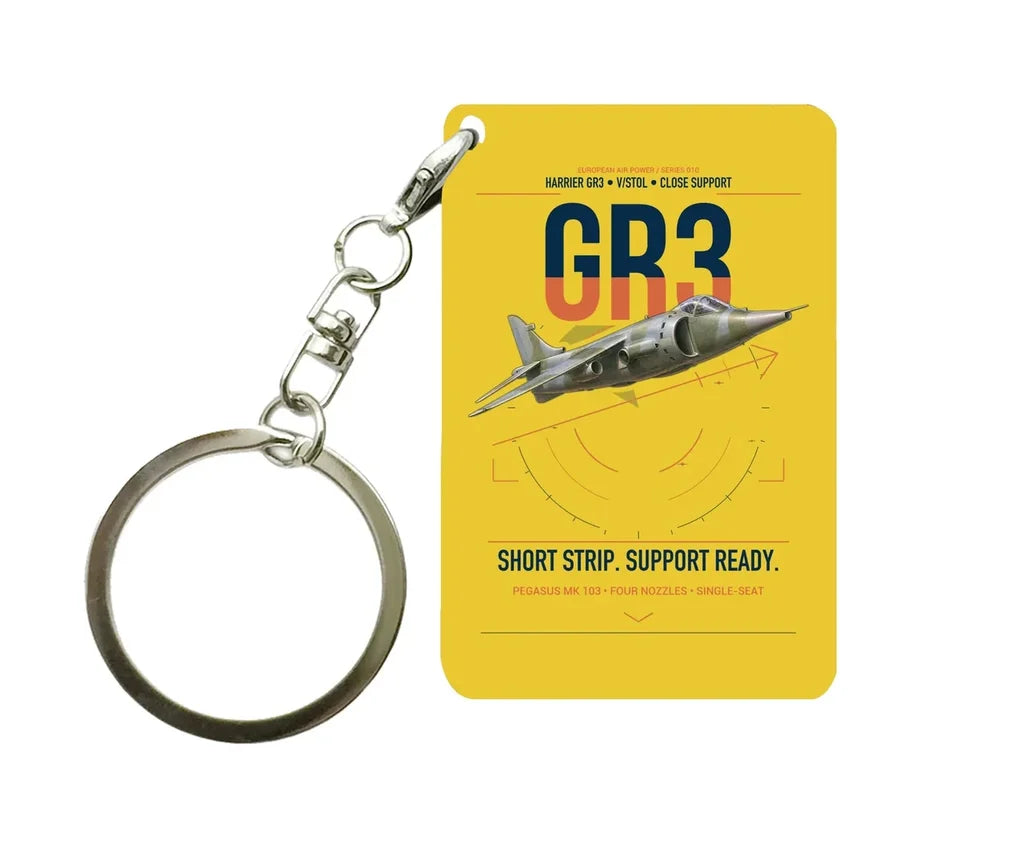 Hawker Siddeley Harrier GR3 design on yellow designed key chain, double-side print