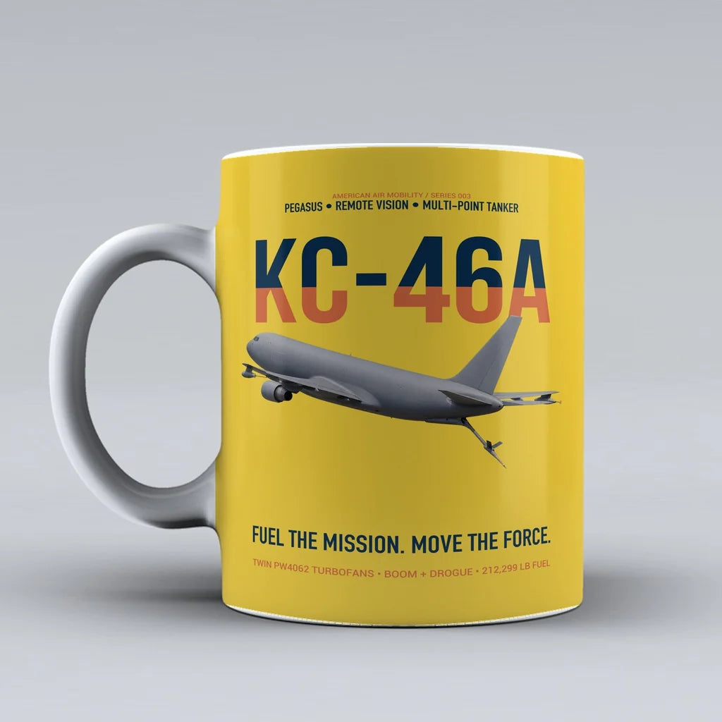 KC-46A PEGASUS design on yellow ceramic mug, double-side print