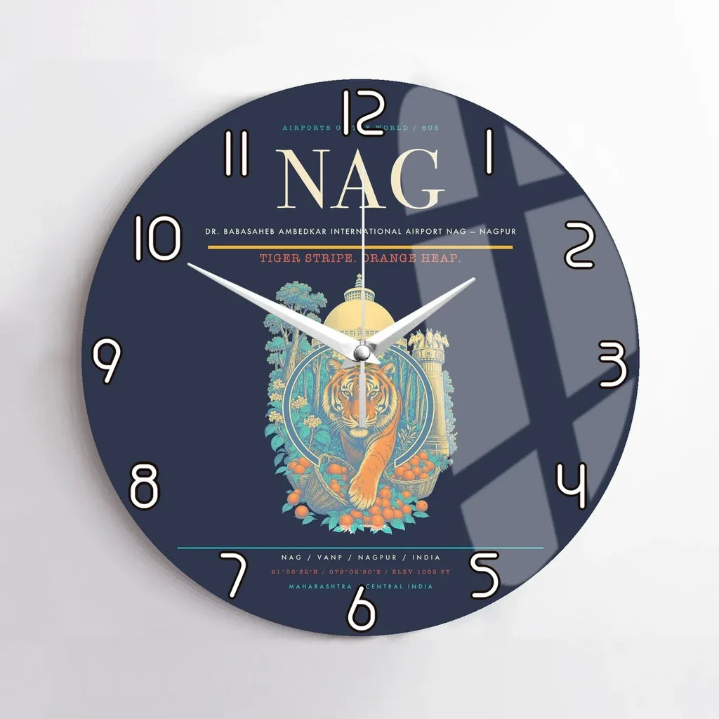 Dr. Babasaheb Ambedkar International Airport (NAG) design on navy blue no frame wall clock