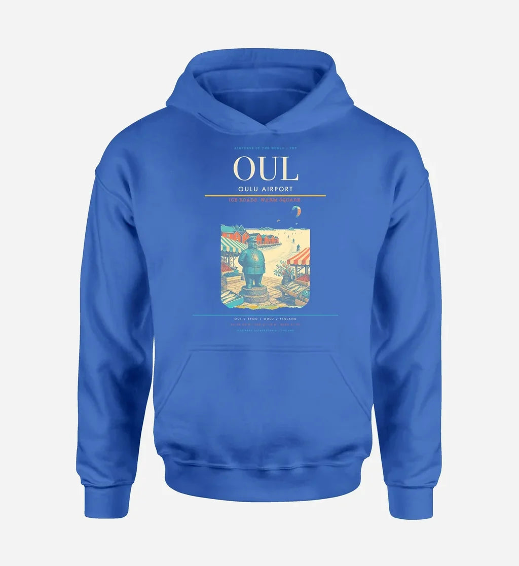 Oulu Airport (OUL) design on blue hoodie single-side print