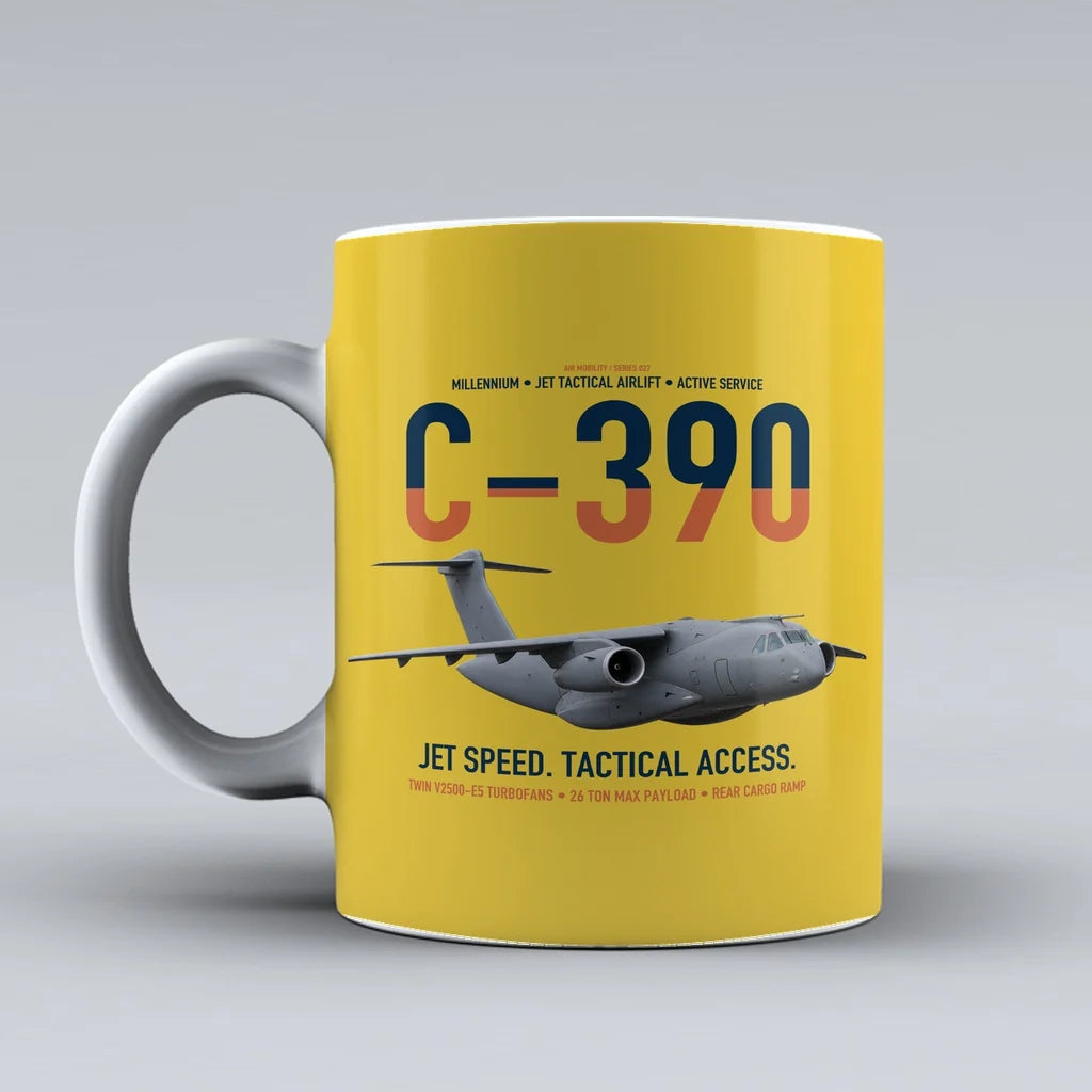 C-390 Millennium design on yellow ceramic mug, double-side print