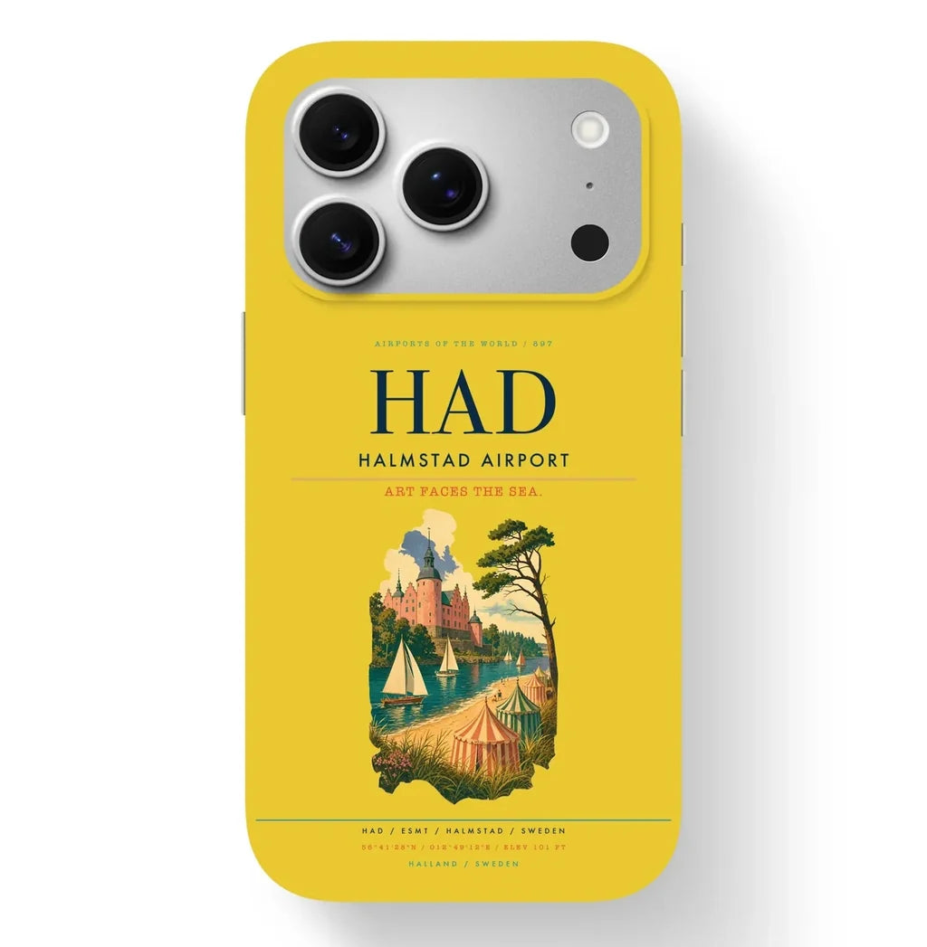 Halmstad Airport (HAD) design on yellow iPhone 17 Pro MagSafe case