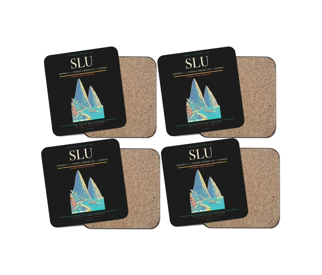 George F. L. Charles Airport (SLU) design on black 4 pieces set coaster