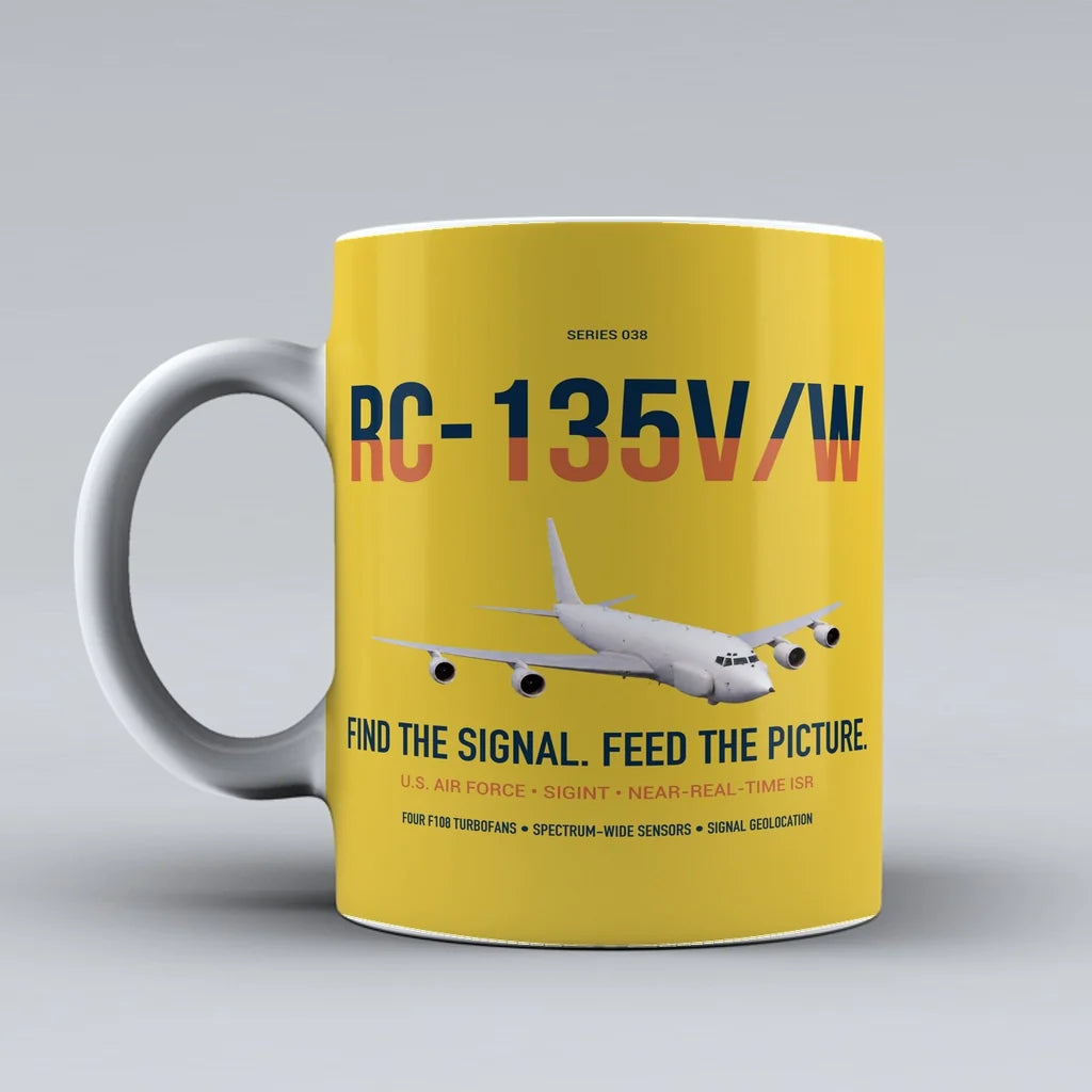 RC-135V W Rivet Joint design on yellow ceramic mug, double-side print