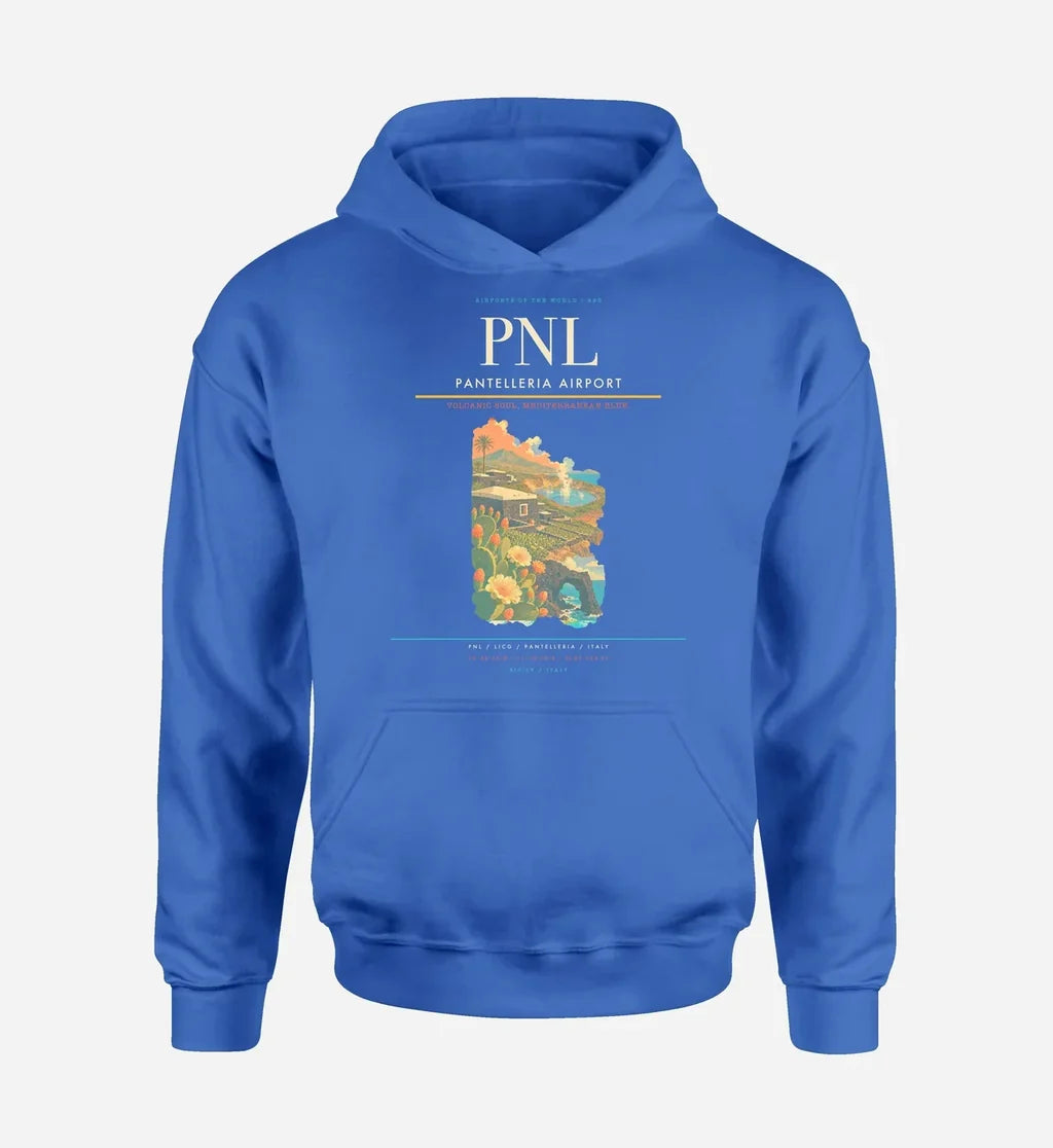 Pantelleria Airport (PNL) design on blue hoodie single-side print