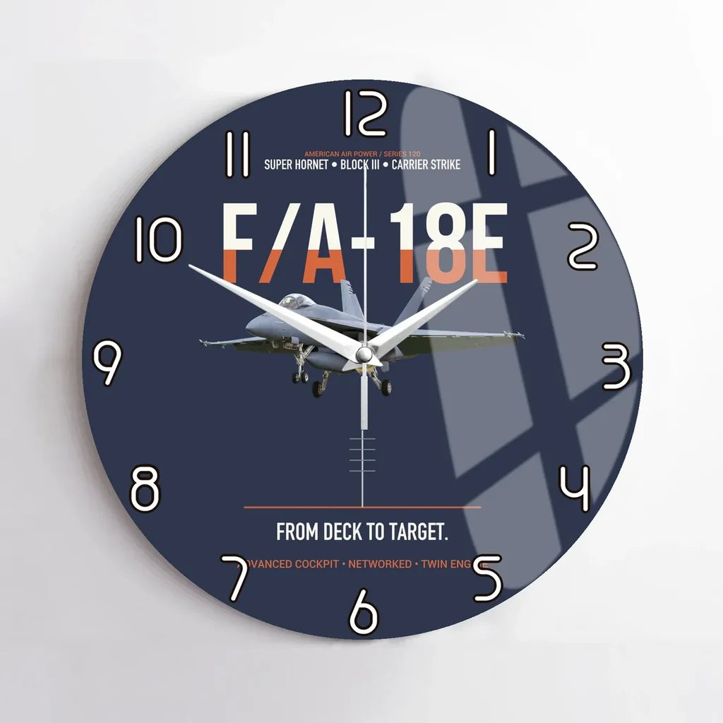 F-A-18E Super Hornet Block III From Deck To Target design on navy blue no frame wall clock