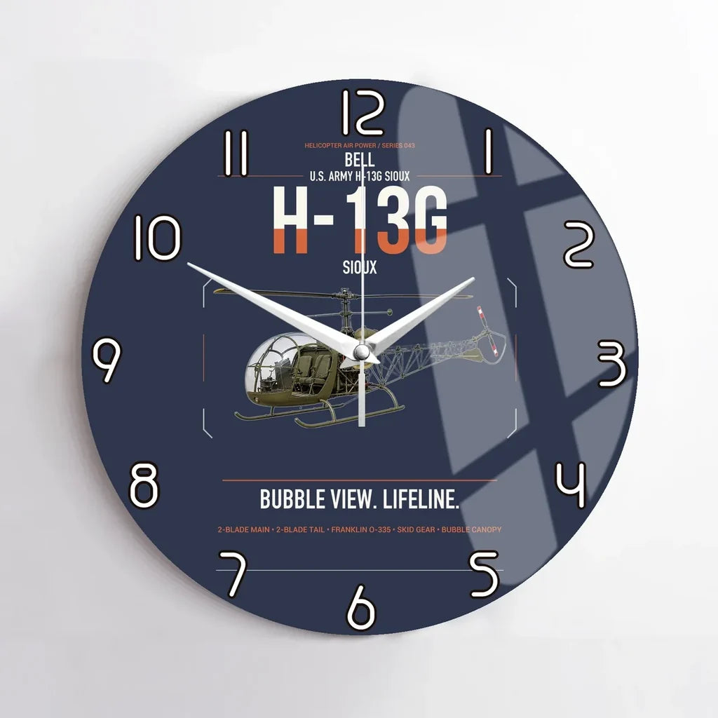 Bell H-13G Sioux design on navy blue no frame wall clock