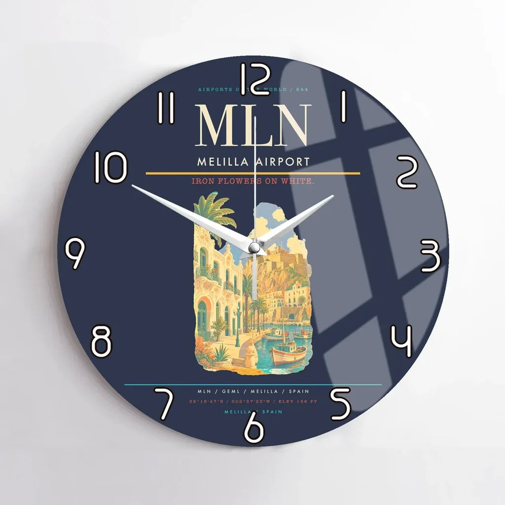 Melilla Airport (MLN) design on navy blue no frame wall clock