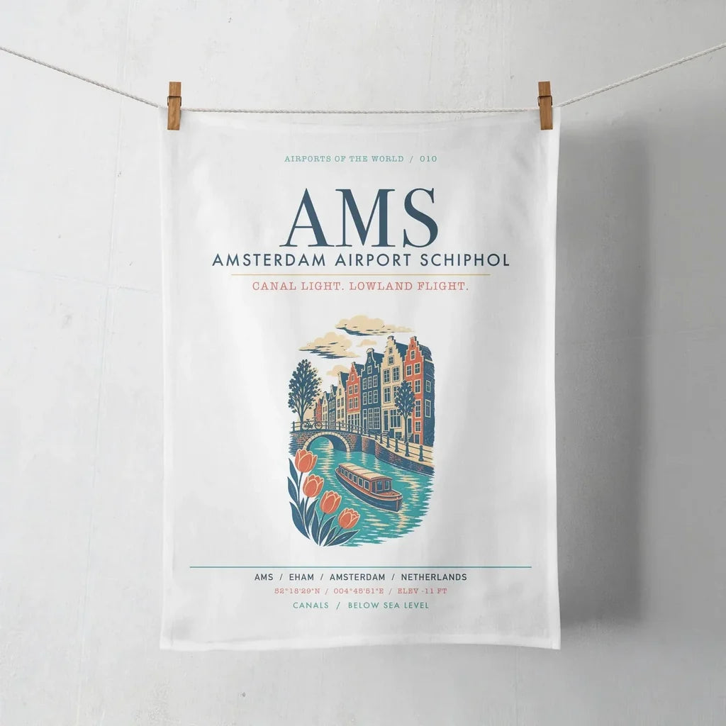 Amsterdam Airport Schiphol (AMS) design on white towel
