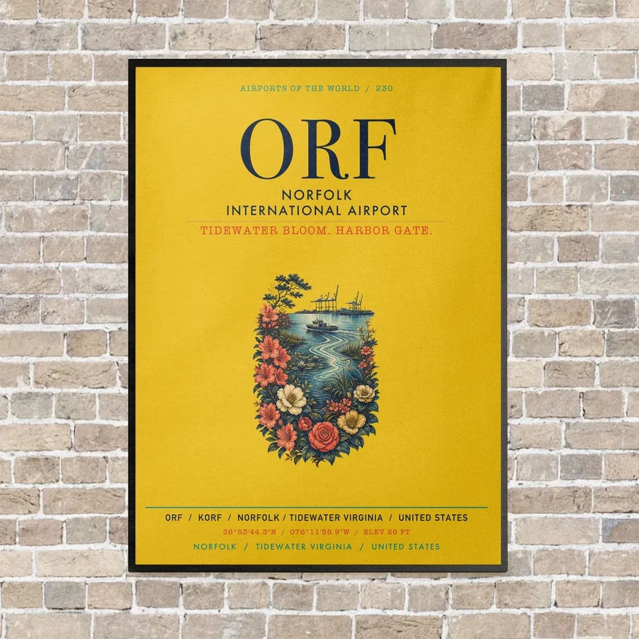 Norfolk International Airport ORF vertical canvas print - framed - yellow background