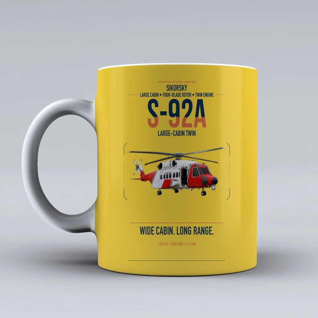Sikorsky S-92A design on yellow ceramic mug, double-side print