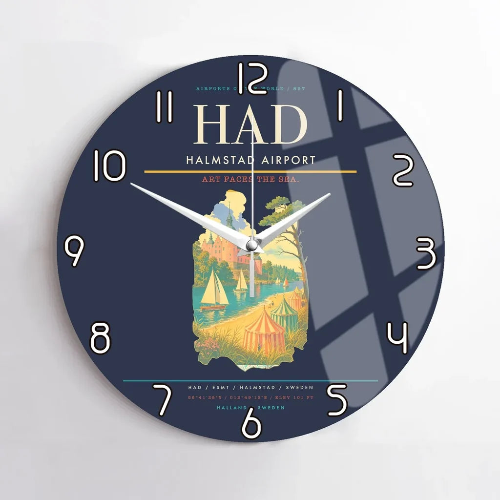 Halmstad Airport (HAD) design on navy blue no frame wall clock