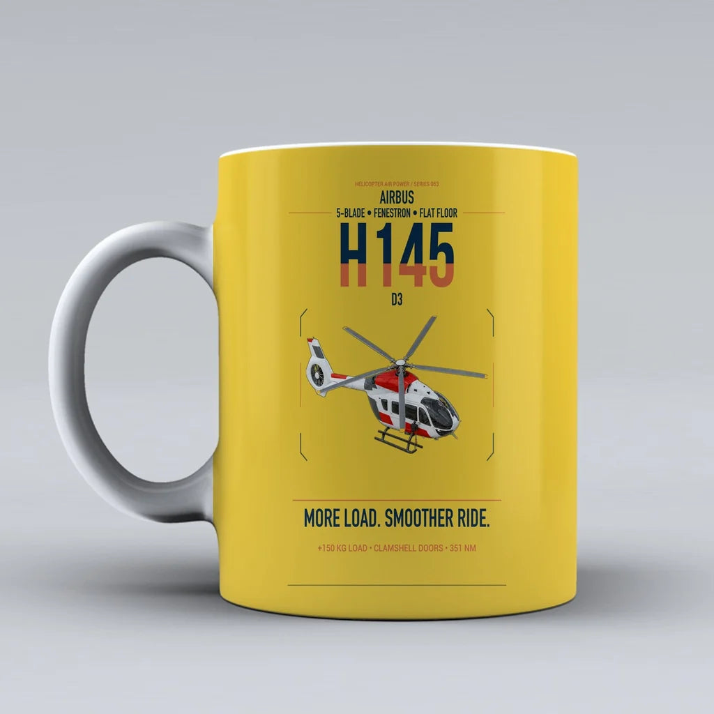 Airbus H145 D3 design on yellow ceramic mug, double-side print