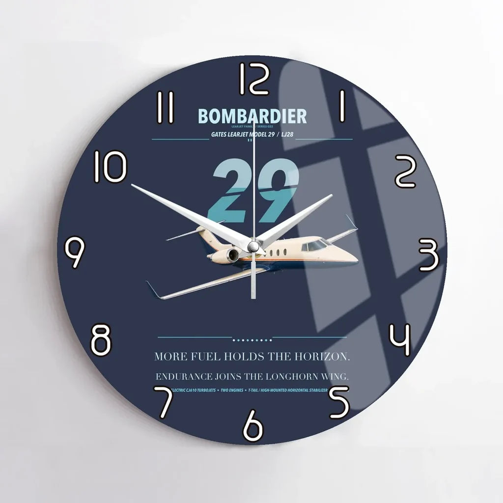Bombardier Learjet 29 design on navy blue no frame wall clock