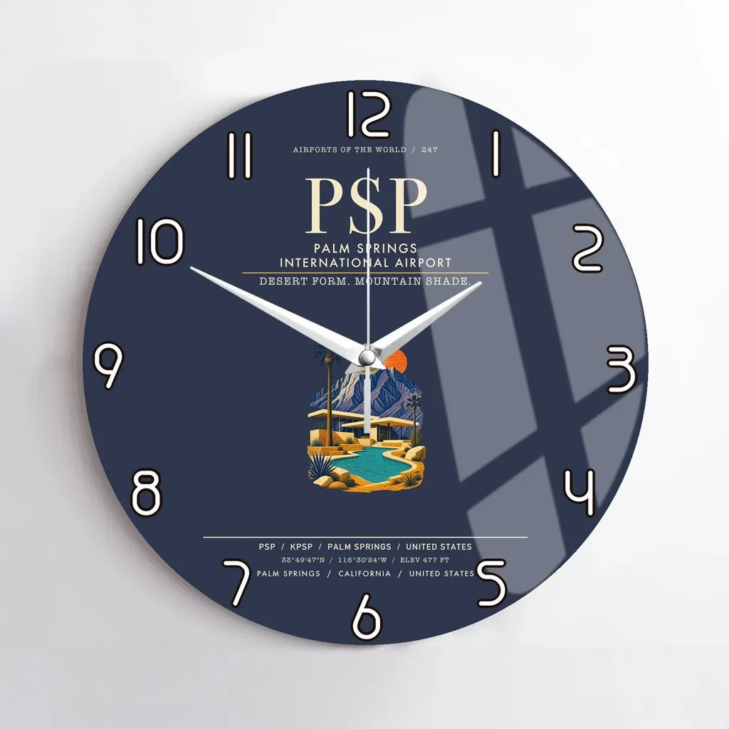 Palm Springs International Airport (PSP) design on navy blue no frame wall clock