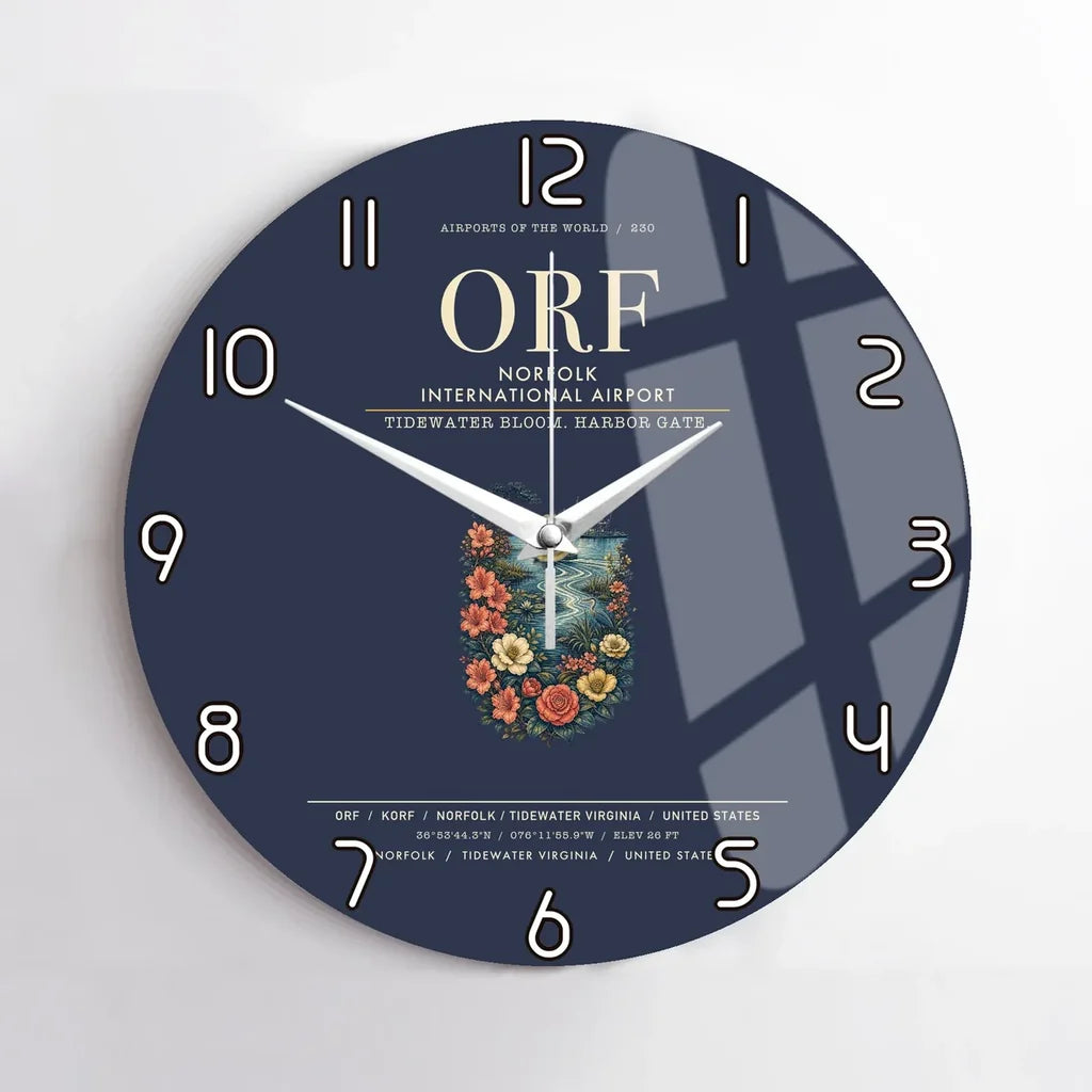 Norfolk International Airport (ORF) design on navy blue no frame wall clock