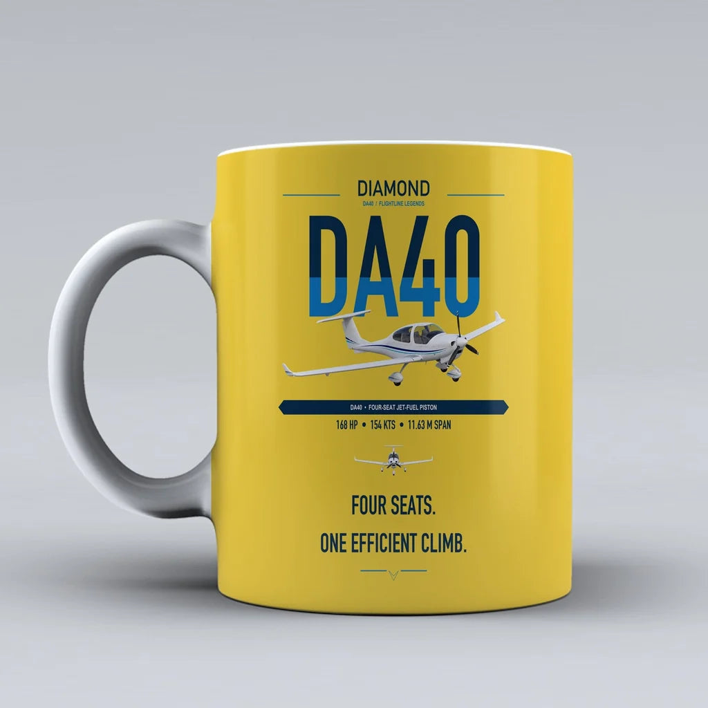 Diamond DA40 design on yellow ceramic mug, double-side print