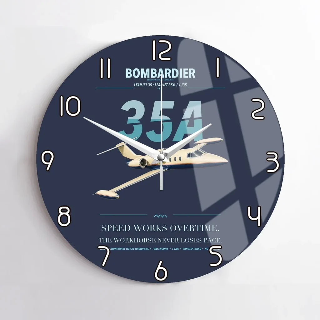 Bombardier Learjet 35A design on navy blue no frame wall clock
