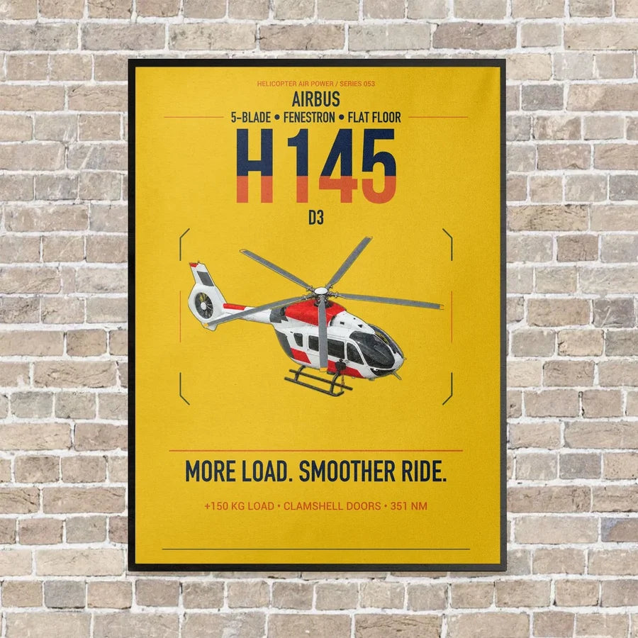 Airbus H145 D3 vertical canvas print - framed - yellow background