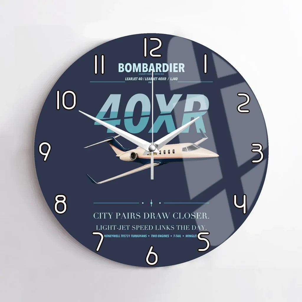 Bombardier Learjet 40XR design on navy blue no frame wall clock