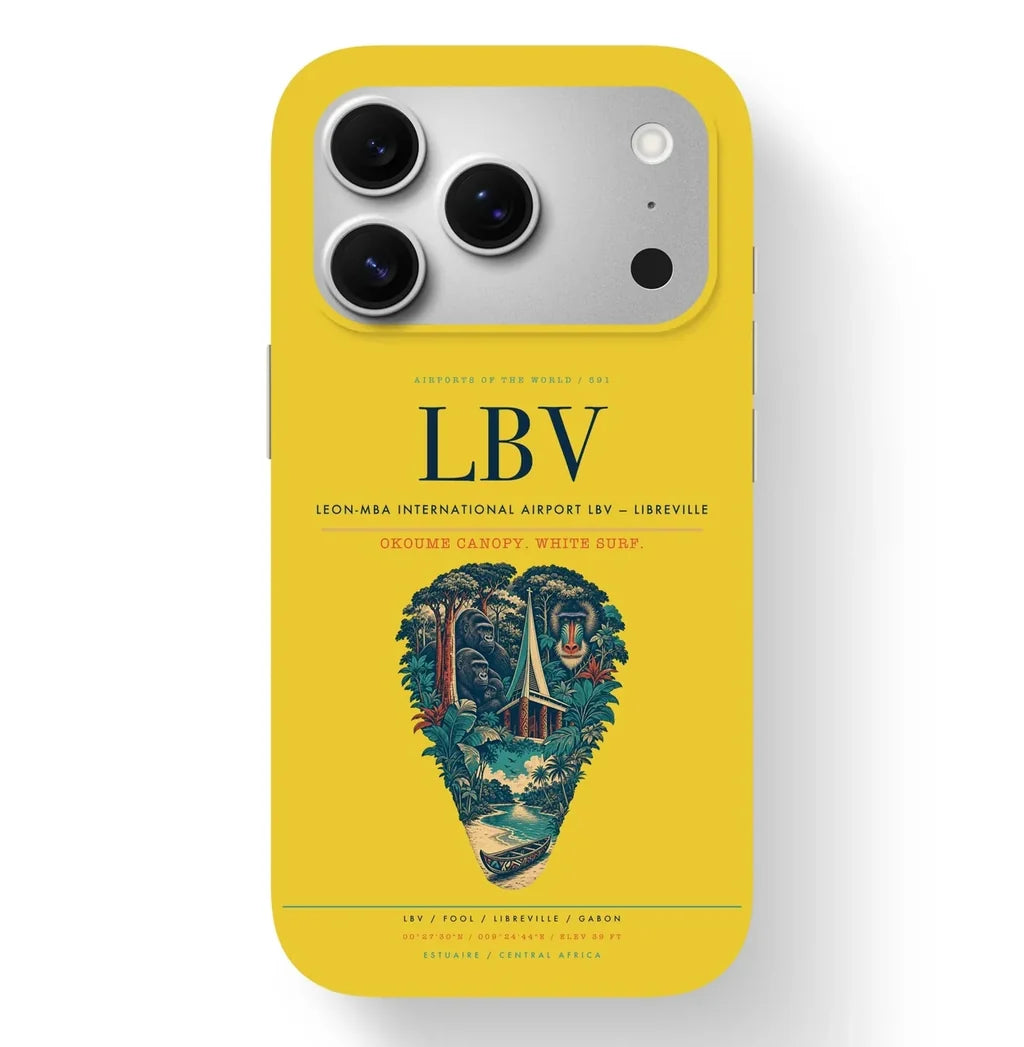 Libreville Airport (LBV) design on yellow iPhone 17 Pro MagSafe case
