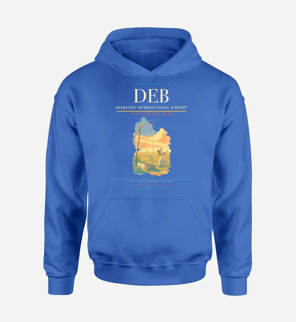 Debrecen International Airport (DEB) design on blue hoodie single-side print