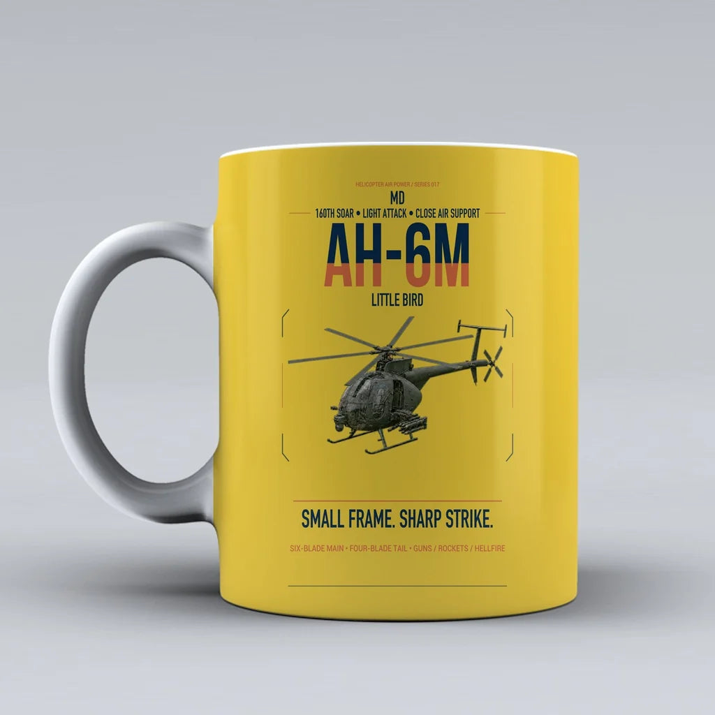 MD AH-6M Little Bird design on yellow ceramic mug, double-side print