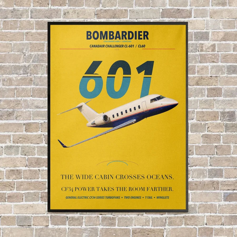 Bombardier Challenger 601 vertical canvas print - framed - yellow background