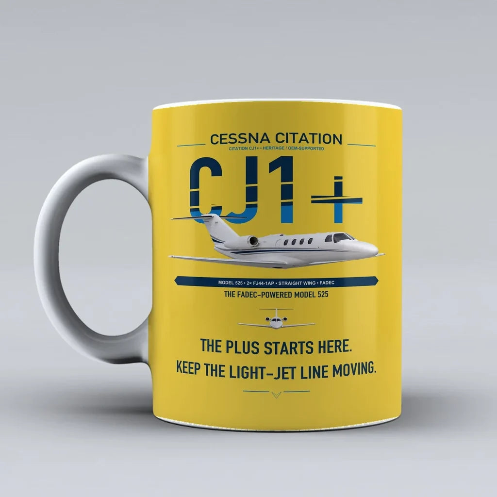 Cessna Citation CJ1+ design on yellow ceramic mug, double-side print