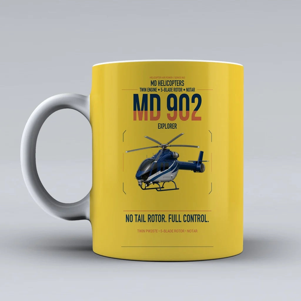 MD Helicopters MD 902 Explorer design on yellow ceramic mug, double-side print