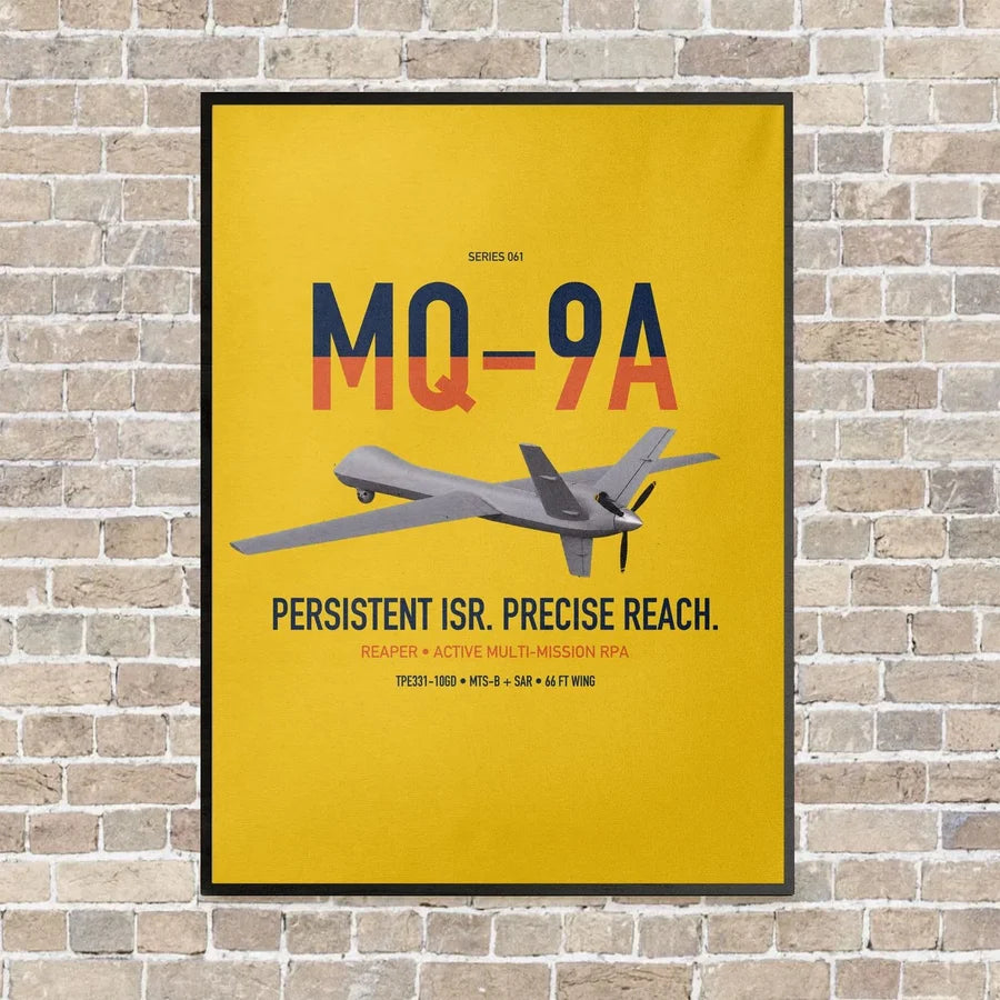 MQ-9A Reaper vertical canvas print - framed - yellow background