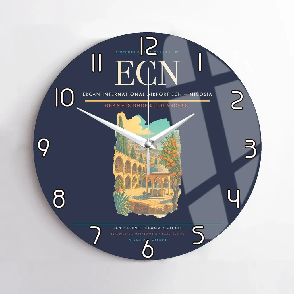 Ercan International Airport (ECN) design on navy blue no frame wall clock