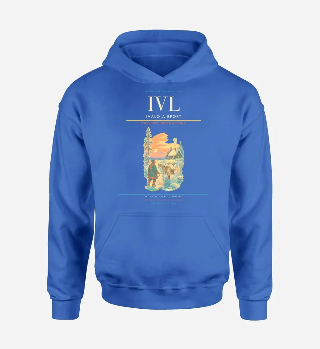 Ivalo Airport (IVL) design on blue hoodie single-side print