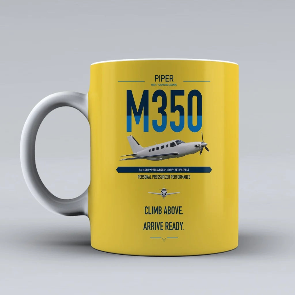 Piper M350 design on yellow ceramic mug, double-side print