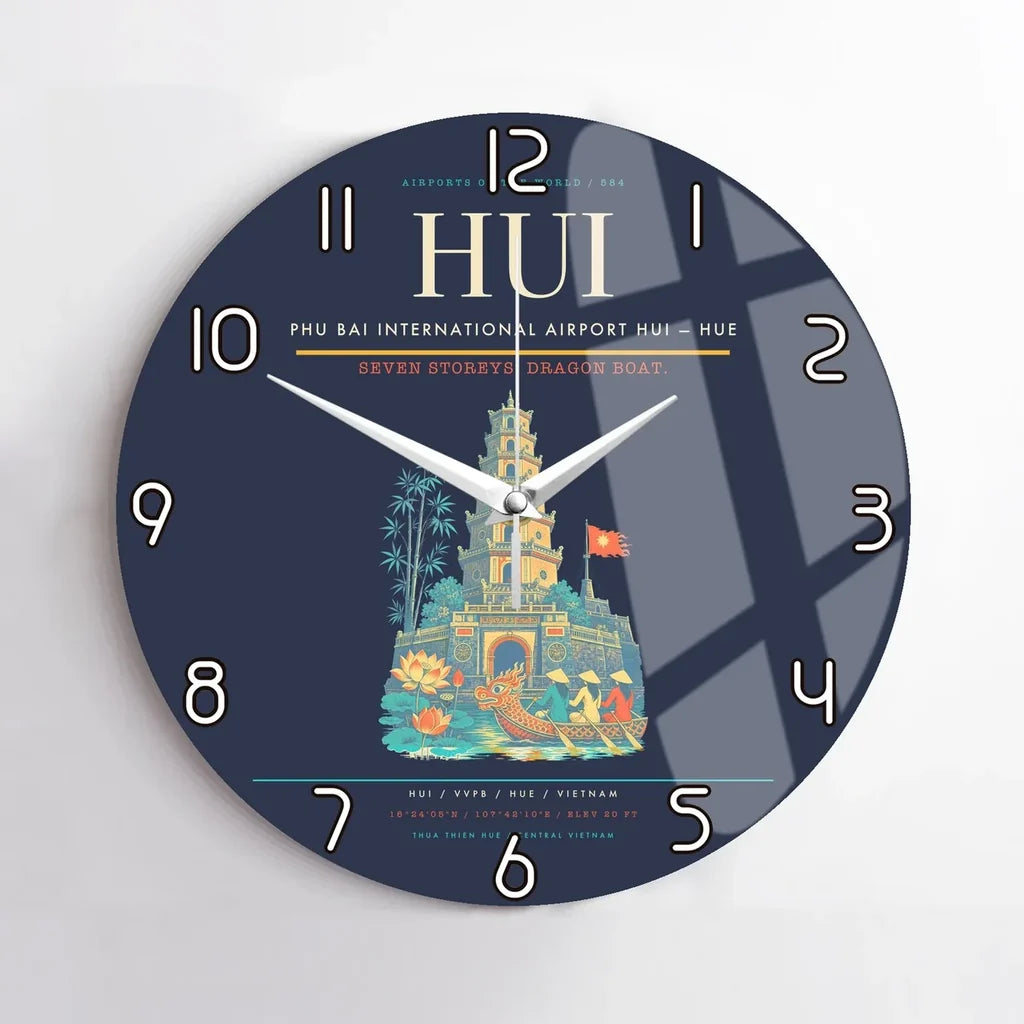 Phu Bai International Airport (HUI) design on navy blue no frame wall clock