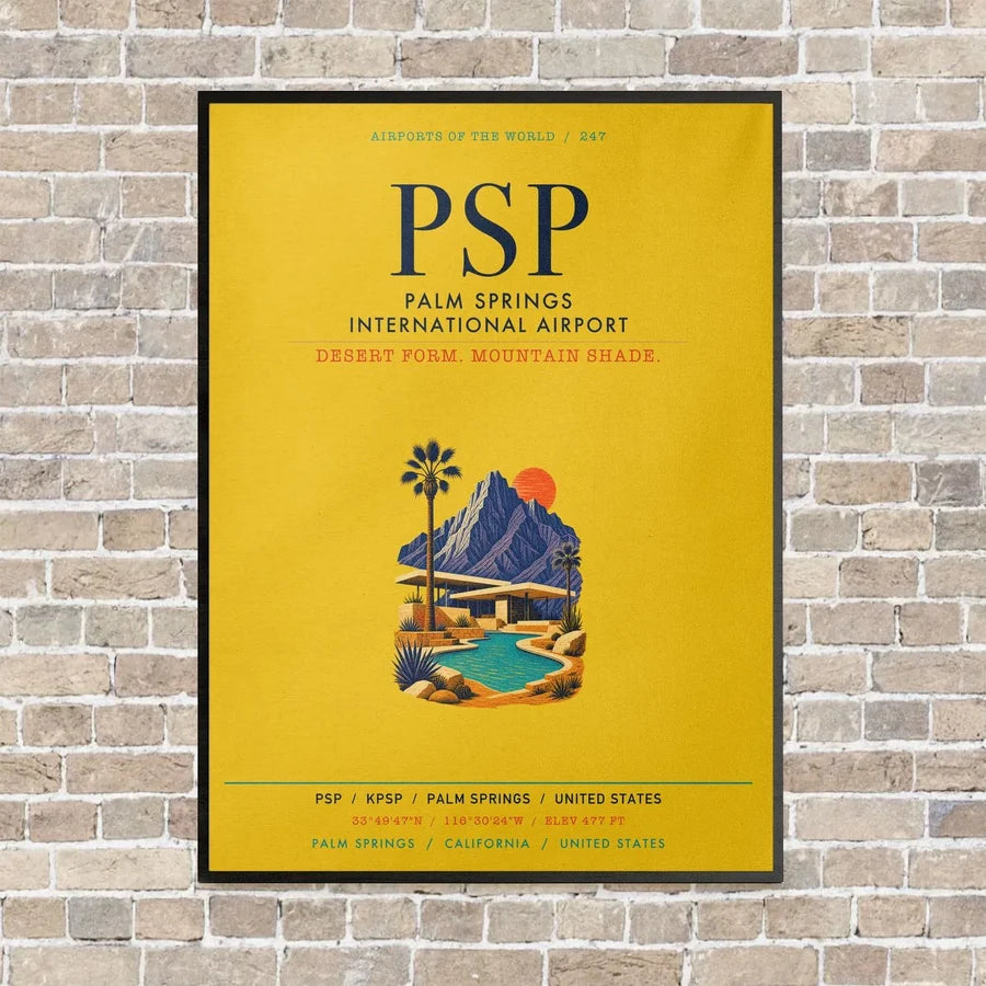 Palm Springs International Airport PSP vertical canvas print - framed - yellow background
