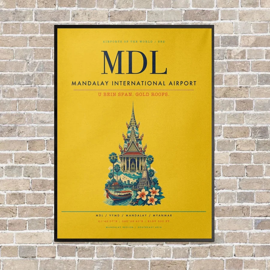 Mandalay International Airport MDL vertical canvas print - framed - yellow background