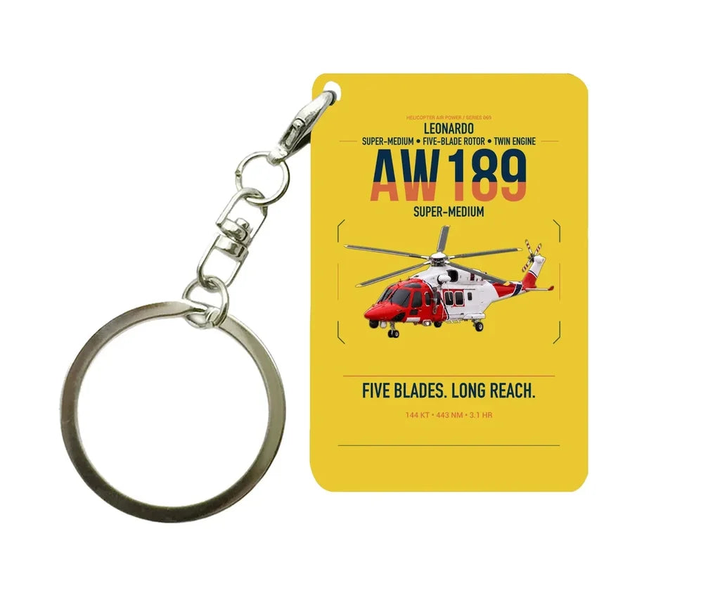 Leonardo AW189 design on yellow designed key chain, double-side print