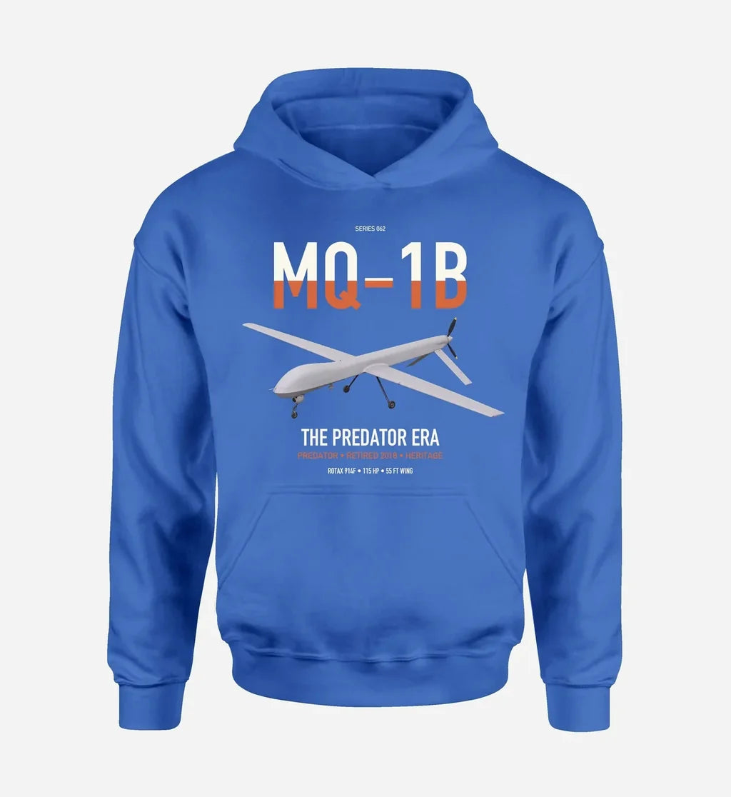 MQ-1B Predator design on blue double-side hoodie, single-side print