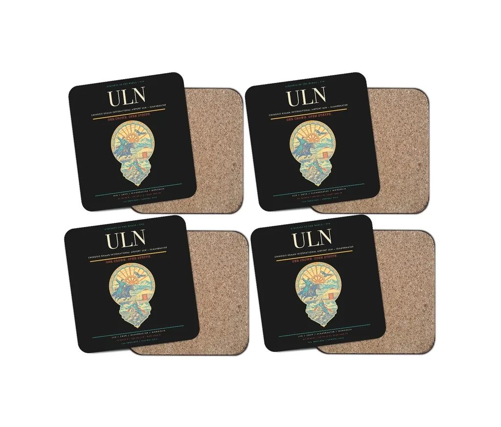 Chinggis Khaan International Airport (ULN) design on black 4 pieces set coaster