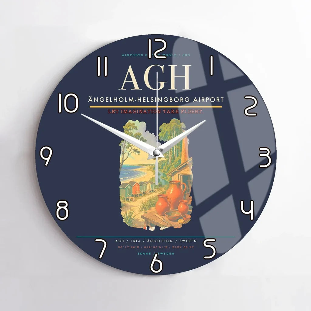Ängelholm-Helsingborg Airport (AGH) design on navy blue no frame wall clock