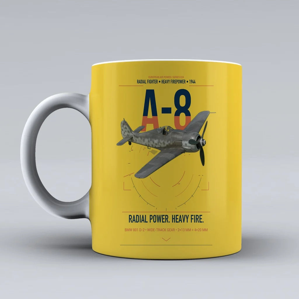 Focke-Wulf Fw 190A-8 design on yellow ceramic mug, double-side print