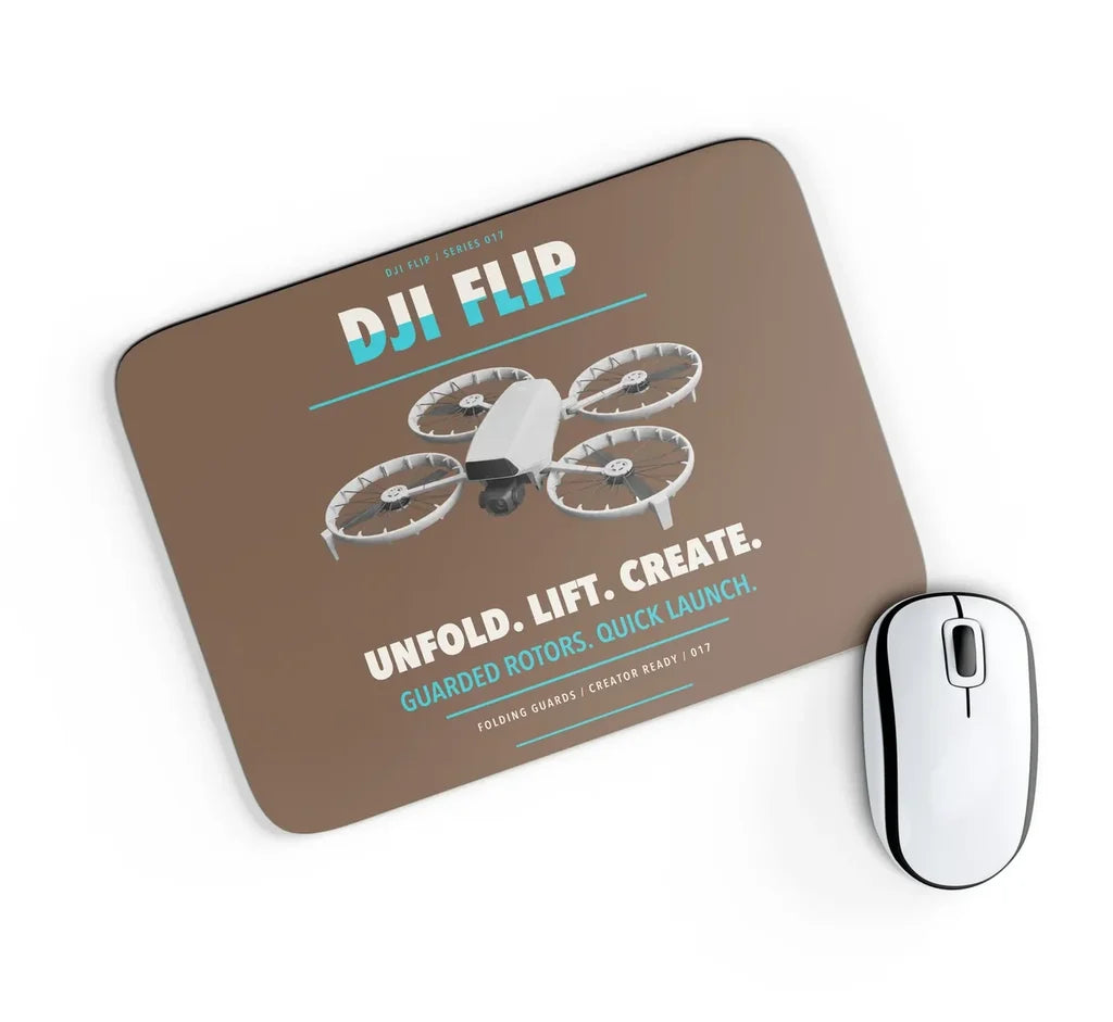DJI Flip design on brown rectangle mouse pad