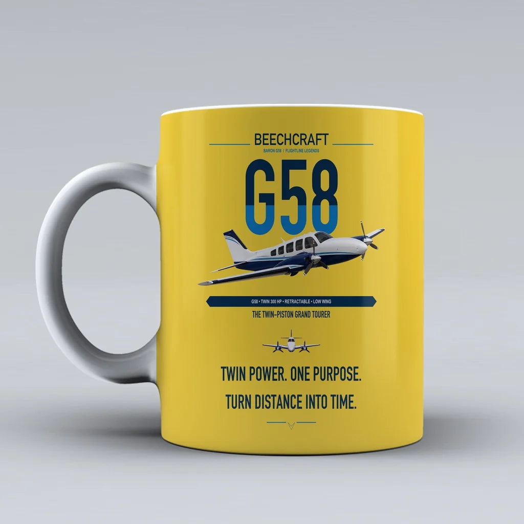 Beechcraft Baron G58 design on yellow ceramic mug, double-side print