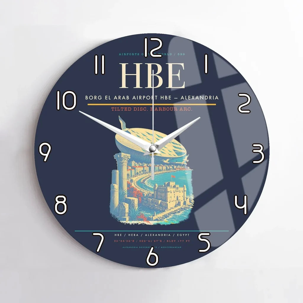 Borg El Arab Airport (HBE) design on navy blue no frame wall clock