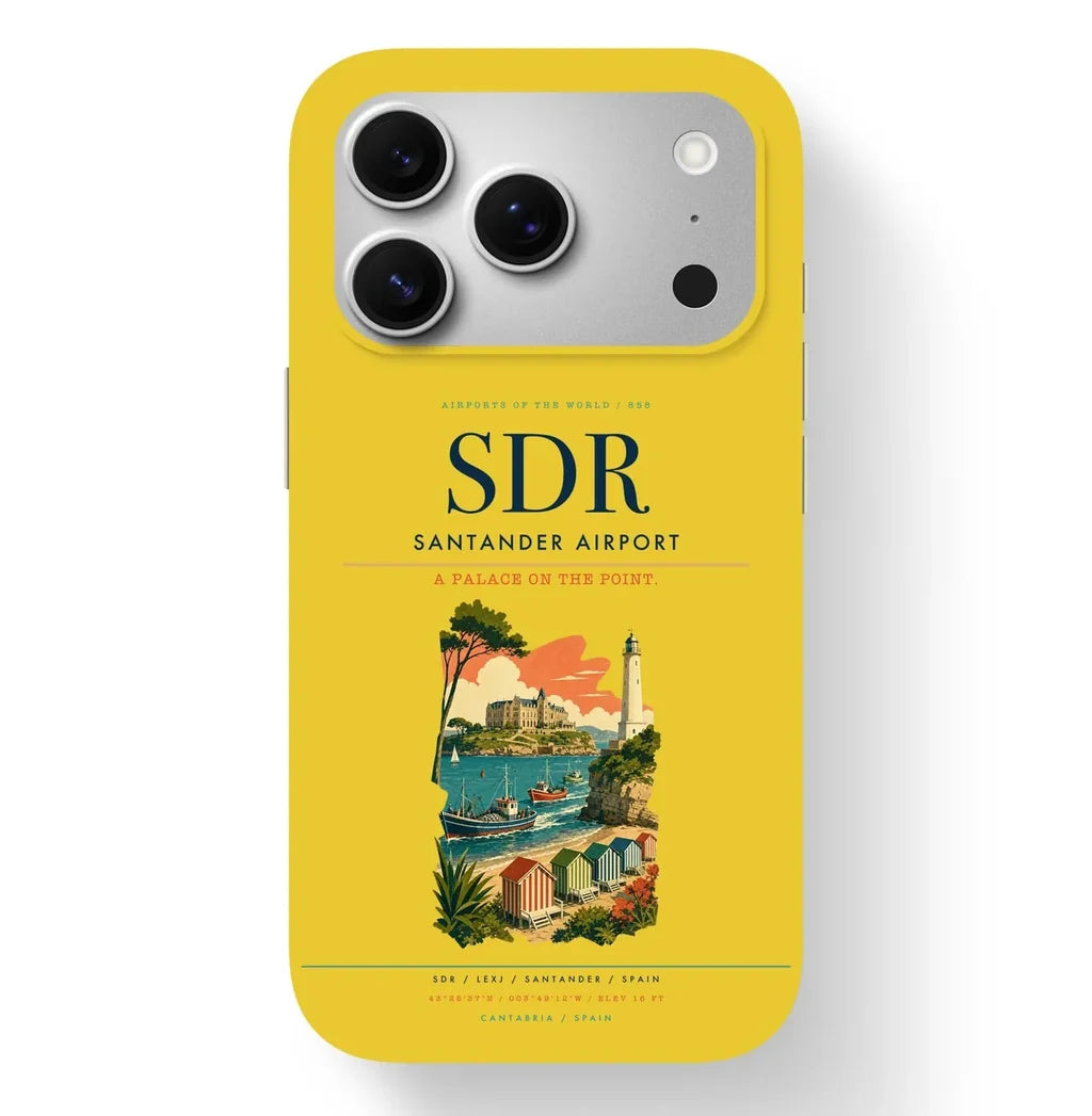 Santander Airport (SDR) design on yellow iPhone 17 Pro MagSafe case